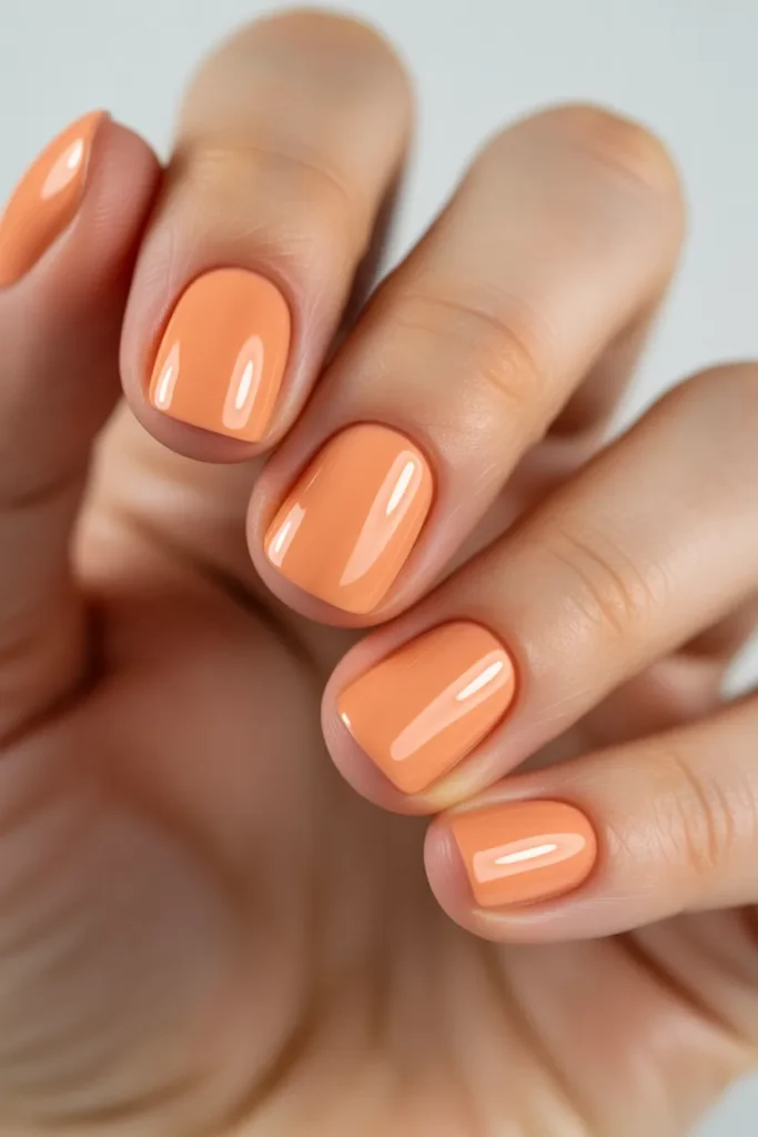 Peach-colored glossy short square nails