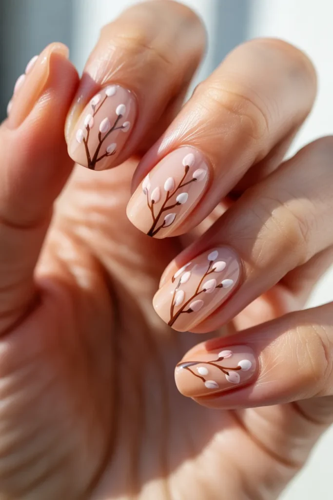Peach gel nails with floral branch nail art