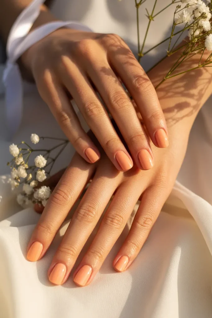 Peach nude nails, glowing skin tones