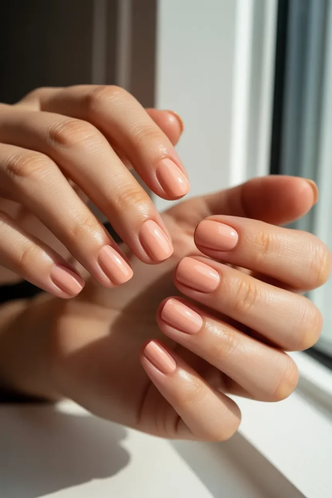  Peach-toned nude nails in natural lighting