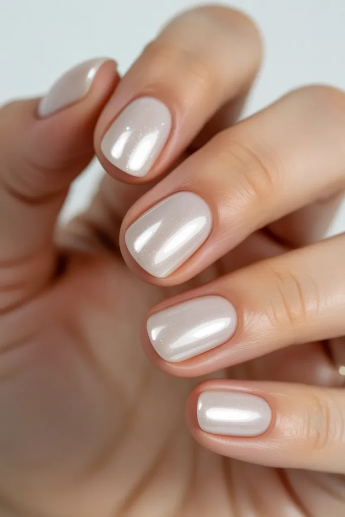  Pearl white glossy gel nails with shimmer