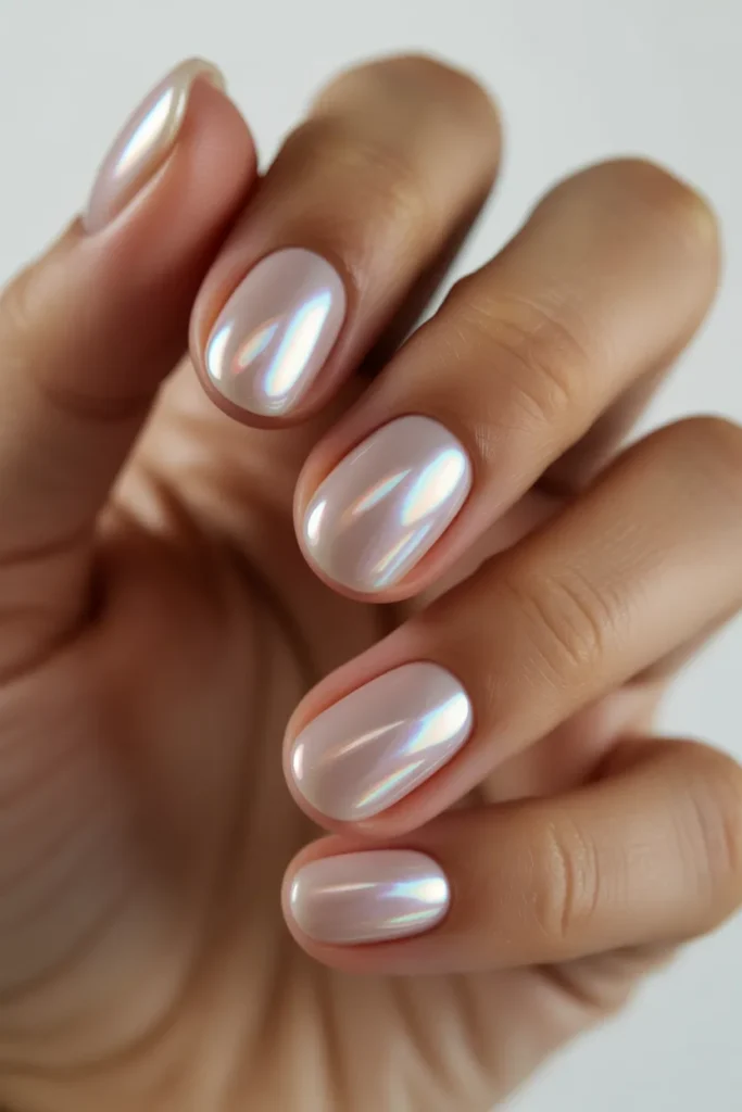 Pearly glazed donut oval nails glossy shimmer