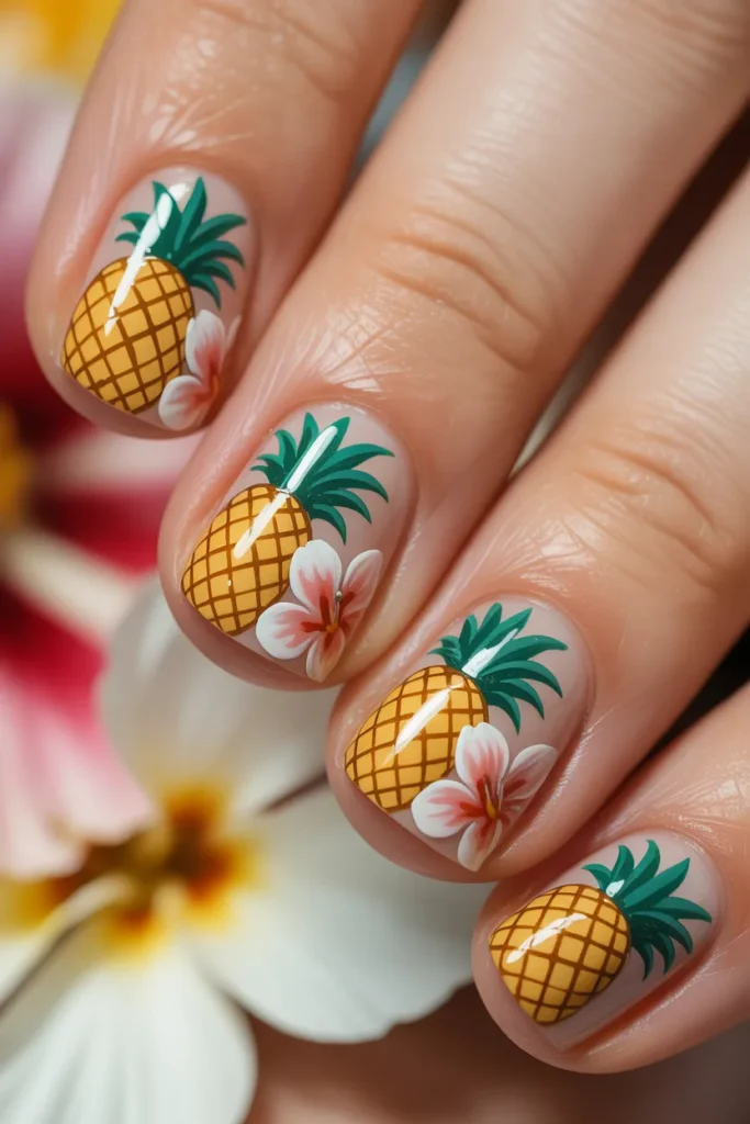  Pineapple and flowers mixed nail art