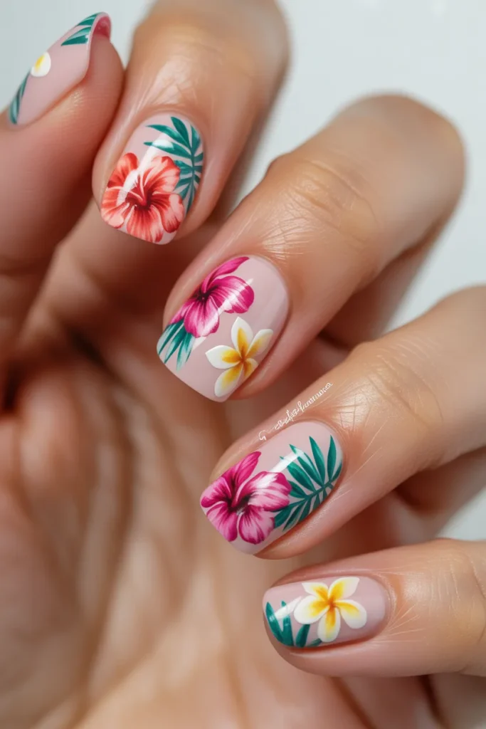 Pink base nails with tropical flower art