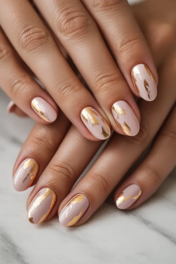 Pink blush nails with gold foil flakes