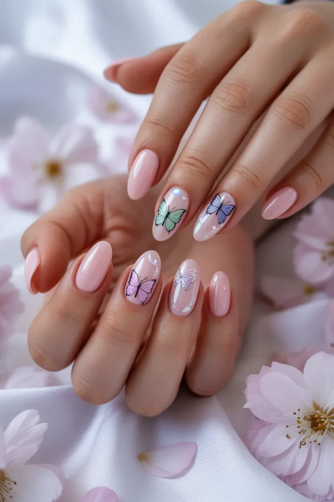 Pink gel nails with butterfly decals