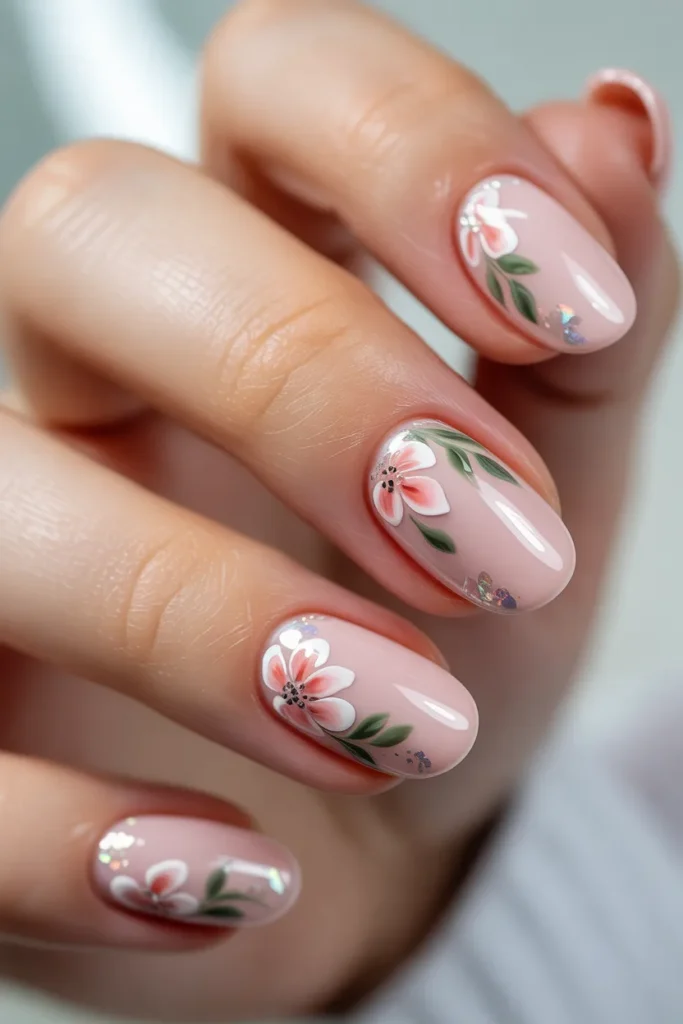 Pink gel nails with flowers