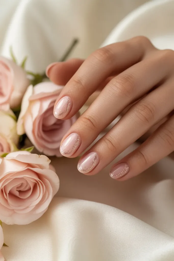 Pink glitter nails, soft tones