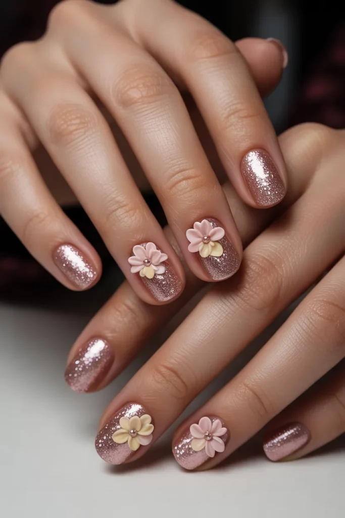 Pink glitter nails with 3D flowers