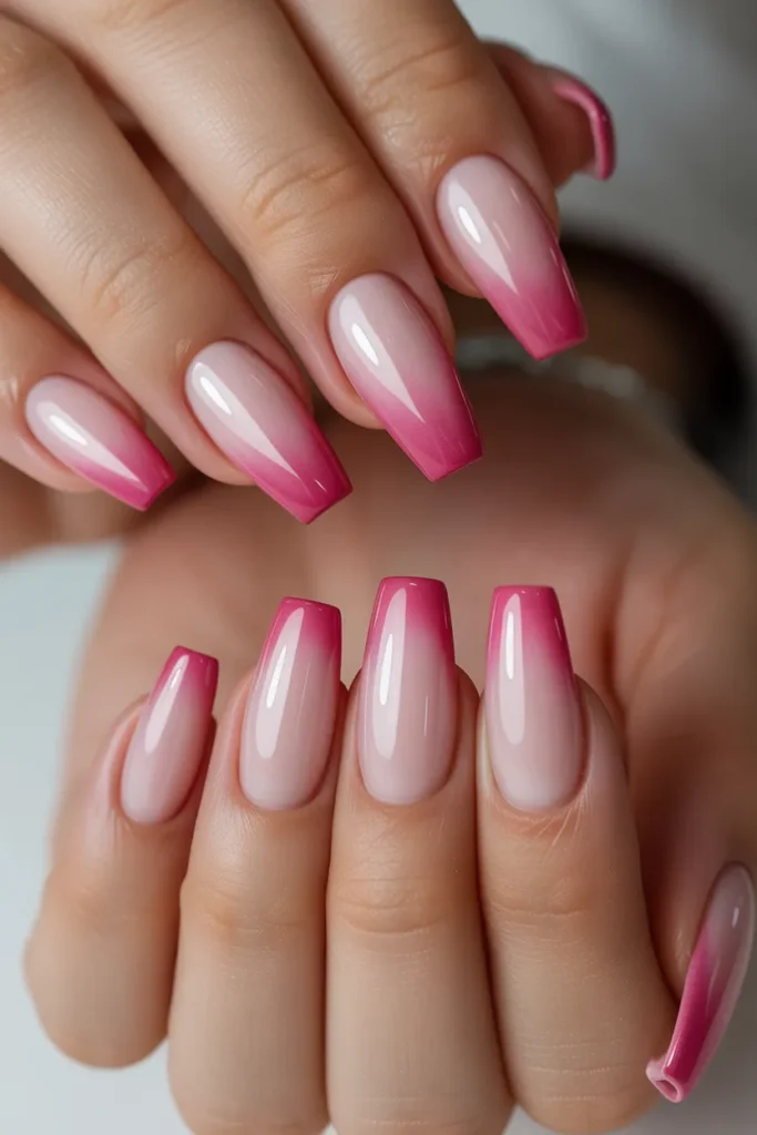 Pink ombre nails blending light to dark pink, coffin shape