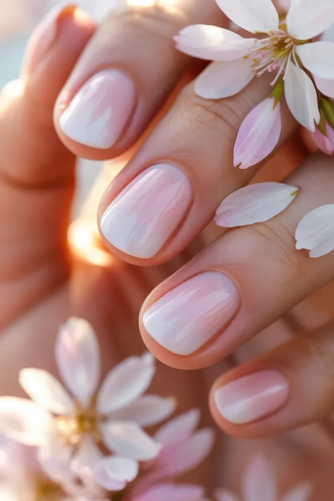 Pink-to-white ombre nails with sakura petals falling