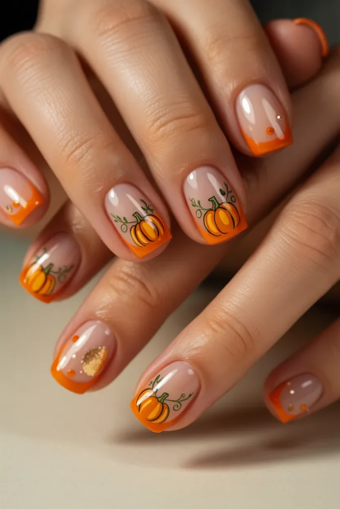 Pumpkin French tips, orange design, cute nails