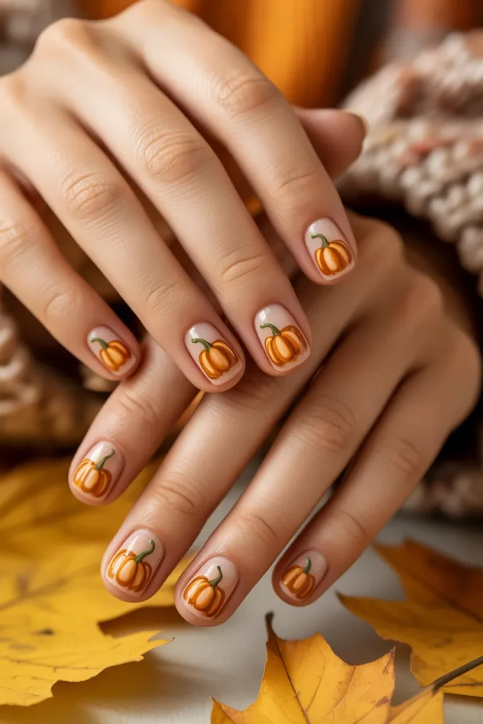 Pumpkin nail art, orange pumpkins on nude nails