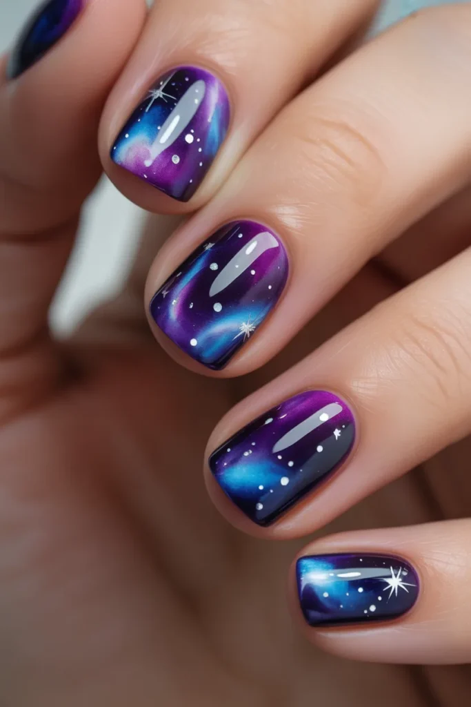 Purple and blue galaxy nails with stars