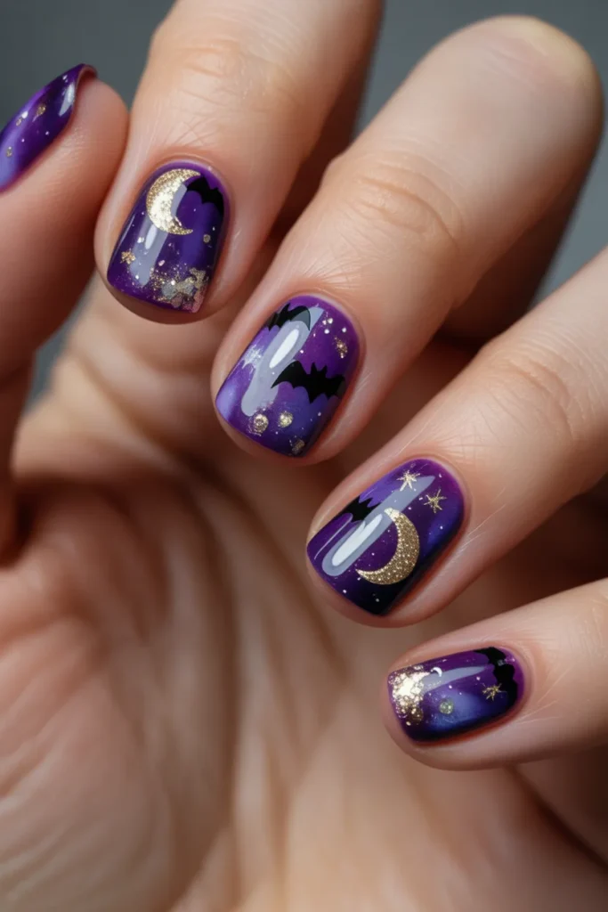  Purple galaxy nails, glitter stars, cosmic nail art