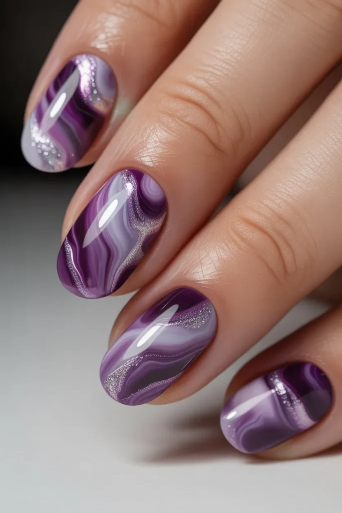Purple marble nails with crystal-like texture