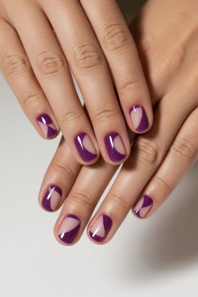 Purple nails with clear negative space patterns