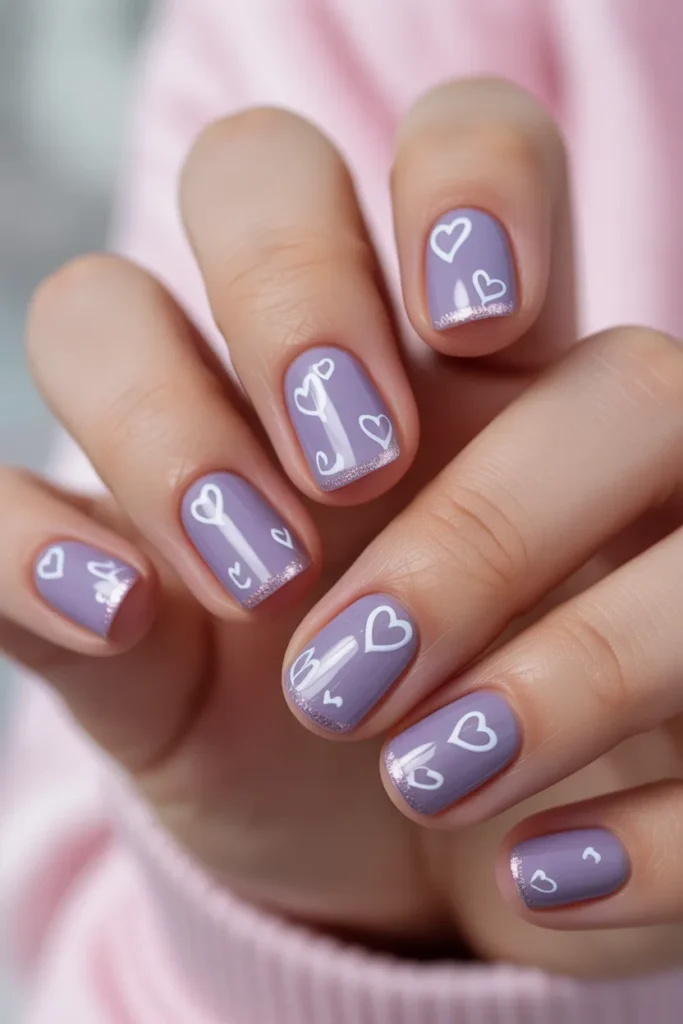Purple nails with tiny heart designs