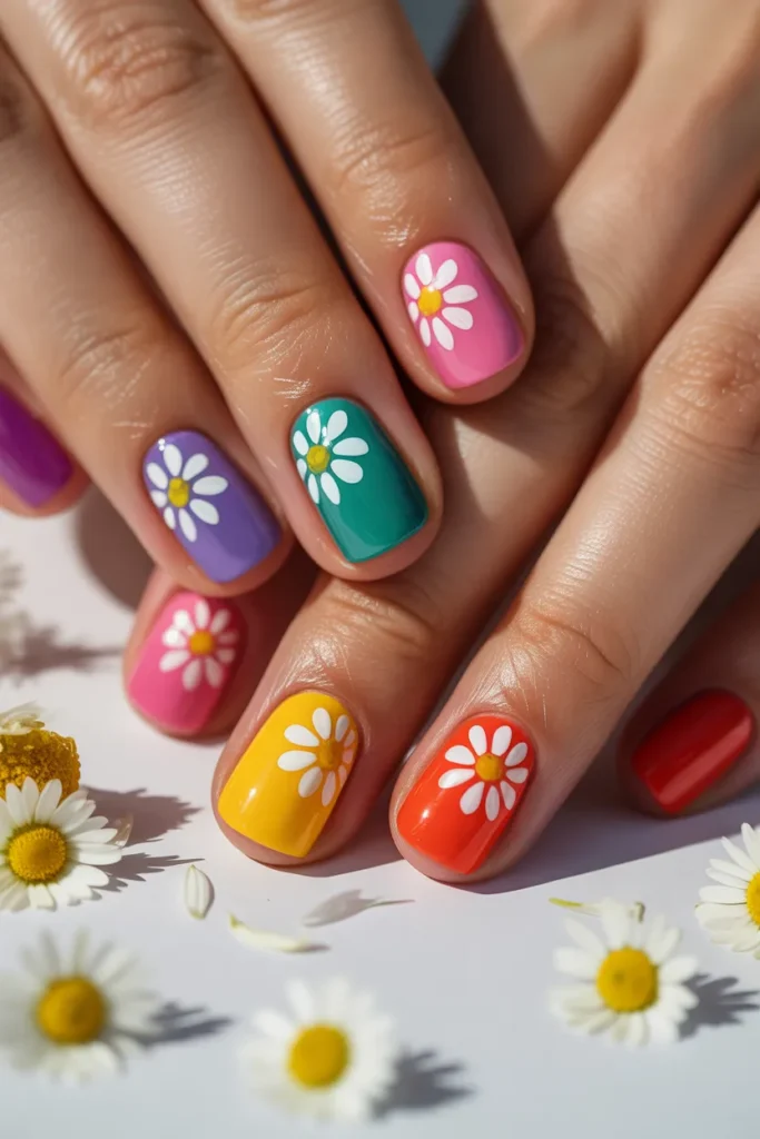 Rainbow-colored nails with small daisy flowers, bright and cheerful aesthetic
