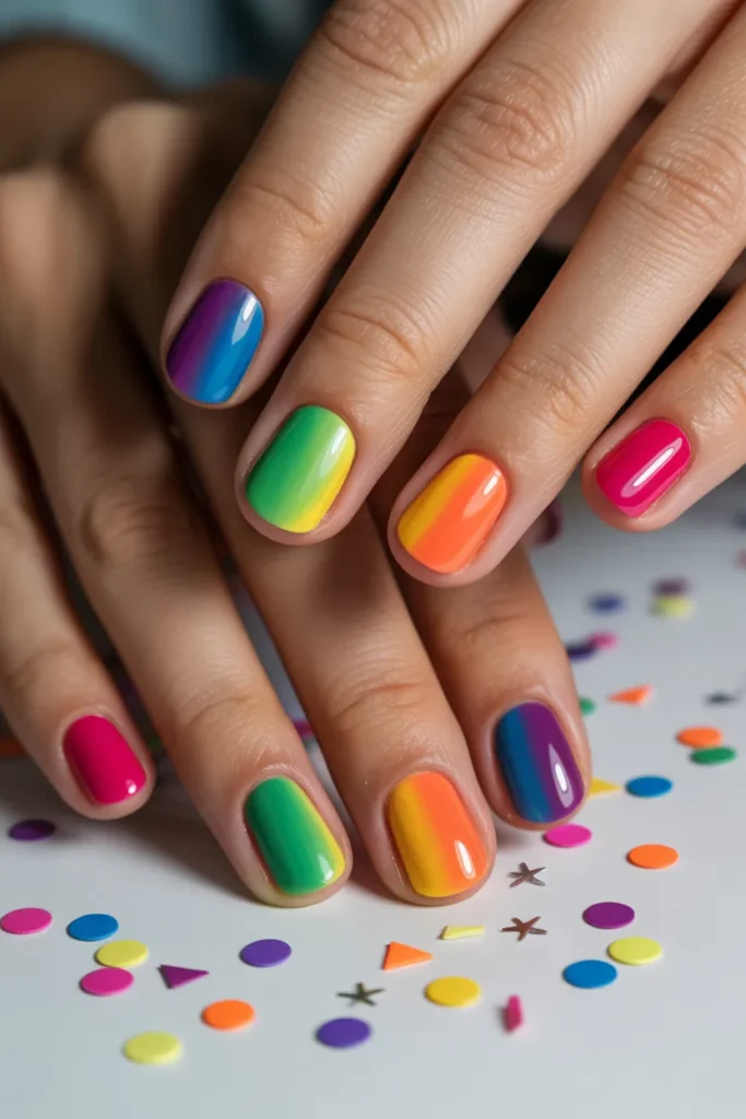 Rainbow gradient nails with matching confetti