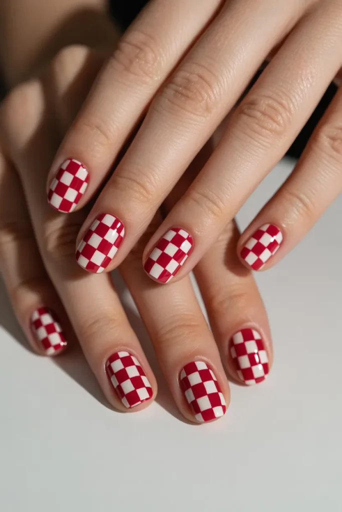  Red and white checkerboard pattern nails