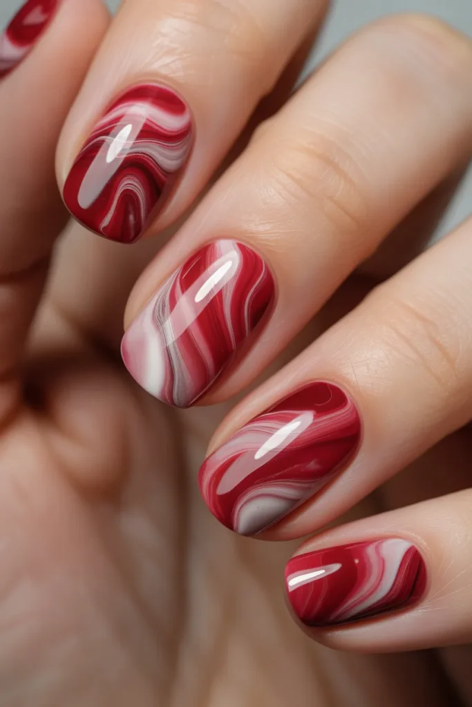 Red and white marble effect nails
