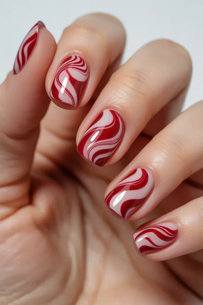 Red and white swirl patterns on nails