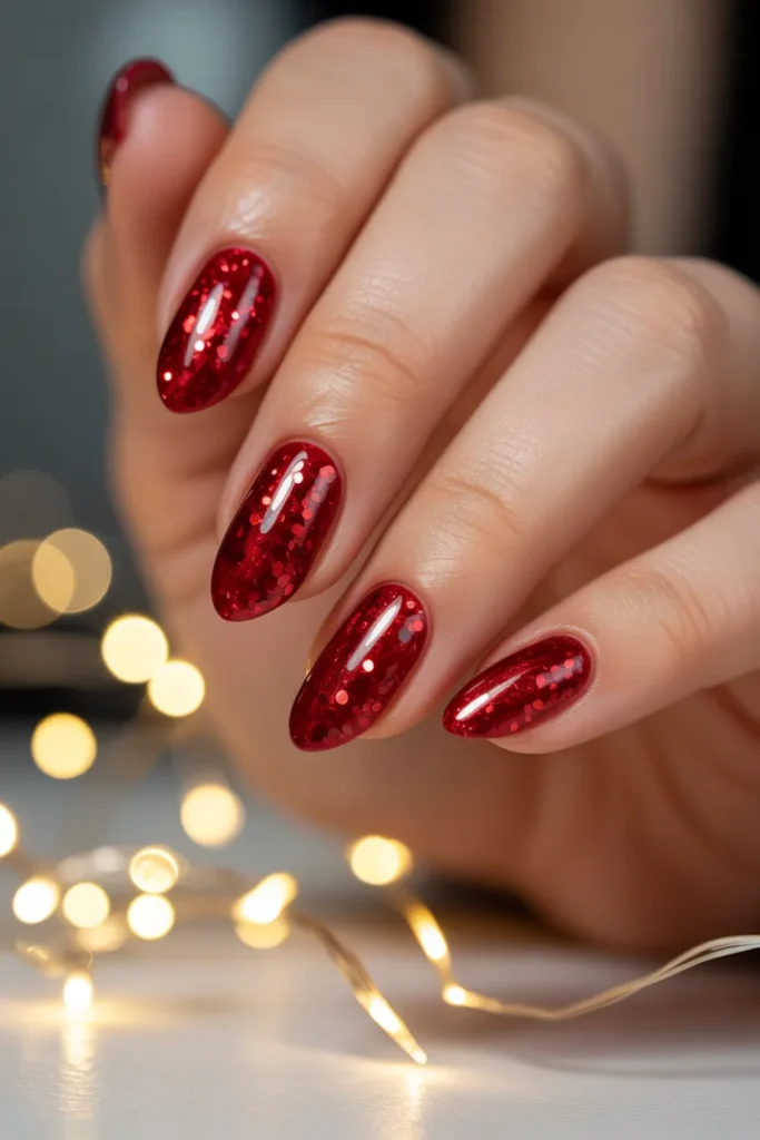 Red glitter nails, sparkling