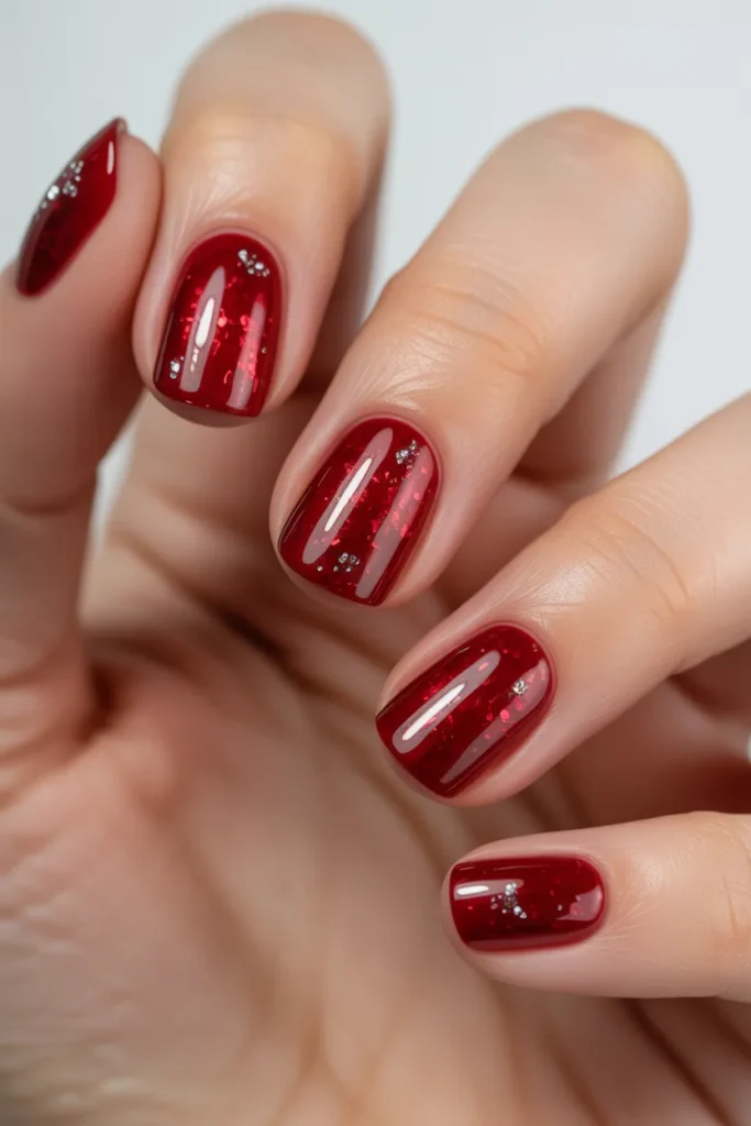Red glitter nails with silver sparkles
