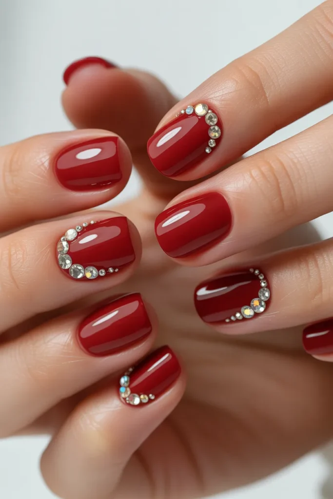  Red nails decorated with sparkling rhinestones