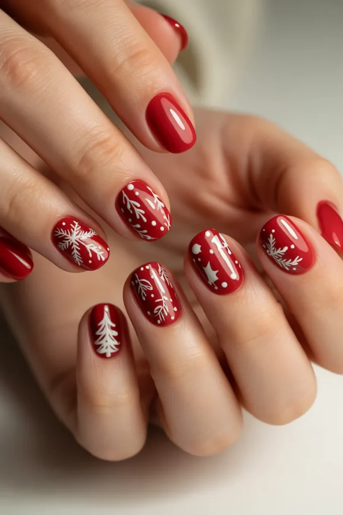 Red nails with festive white patterns
