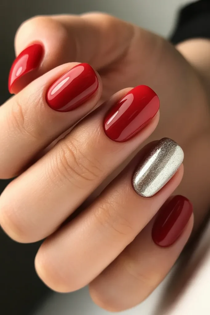 Red nails with one silver metallic accent nail