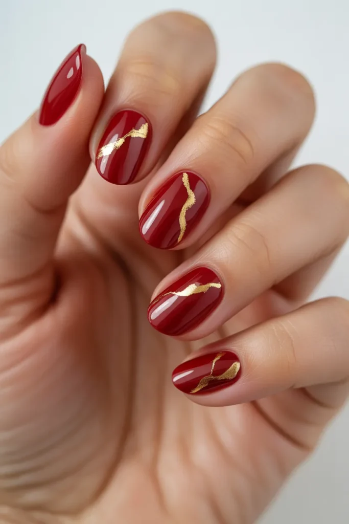 Red nails with subtle gold foil accents