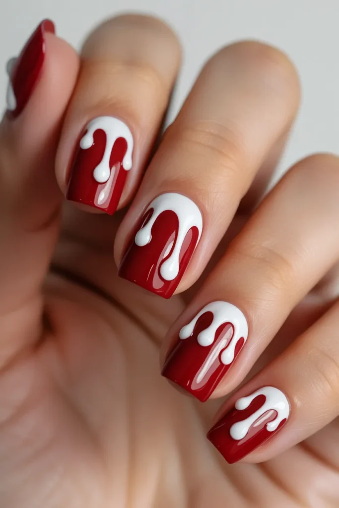 Red nails with white dripping effect resembling liquid