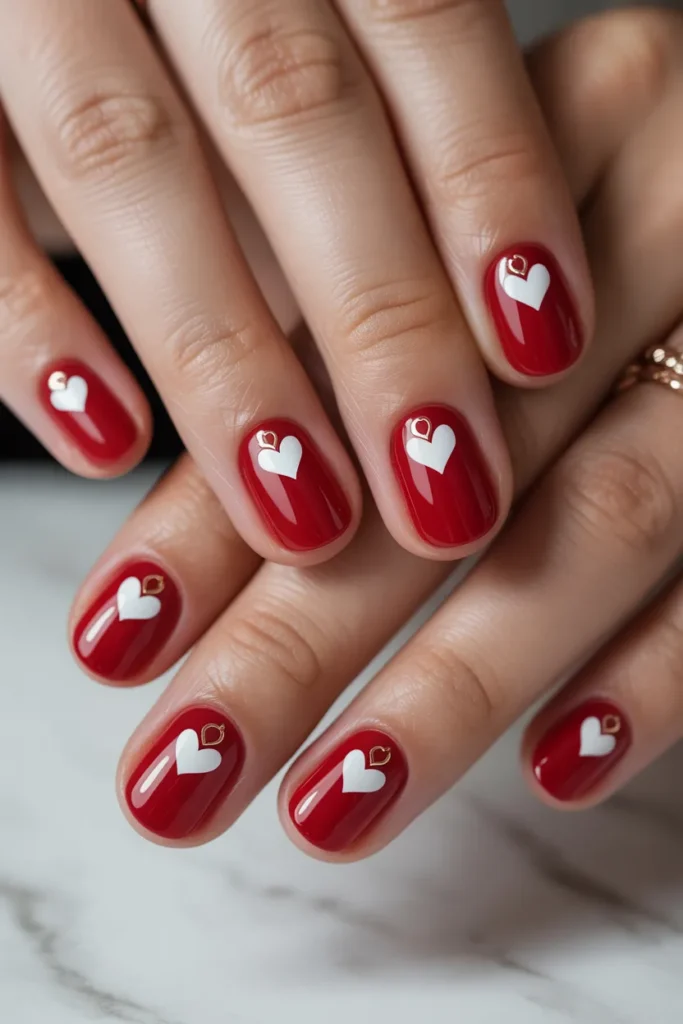Red nails with white hearts