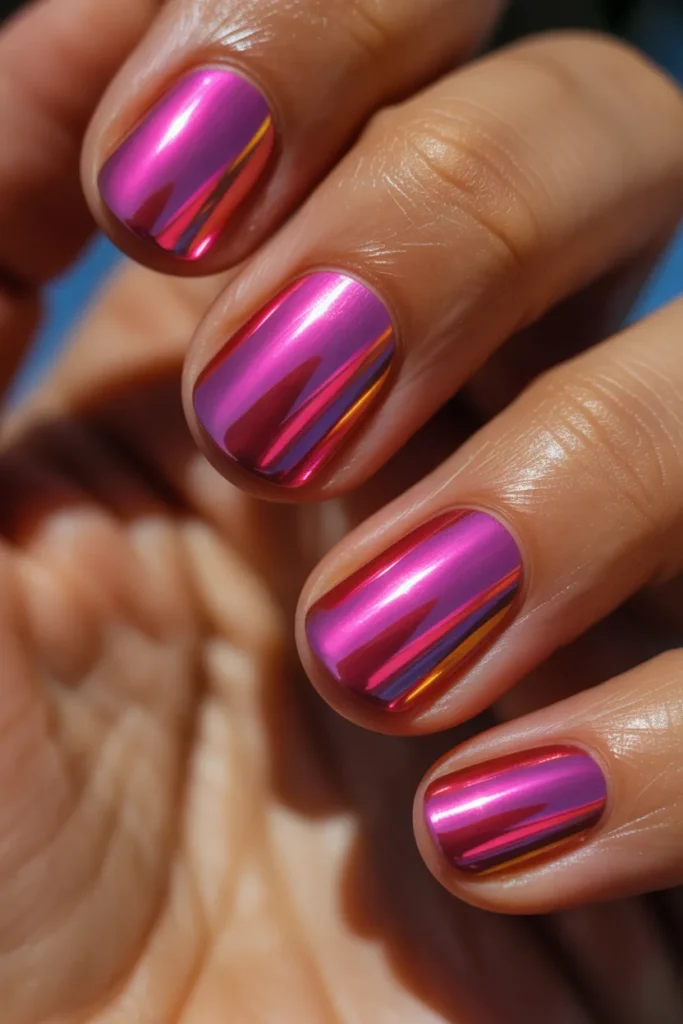 Reflective neon pink chrome nails shining in sunlight