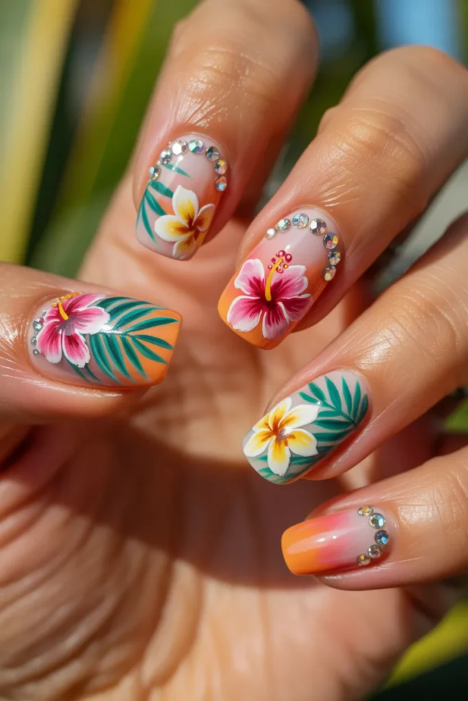 Rhinestones nails with tropical flowers
