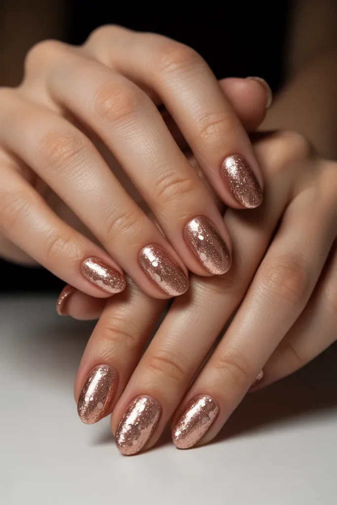 Rose gold glitter oval nails