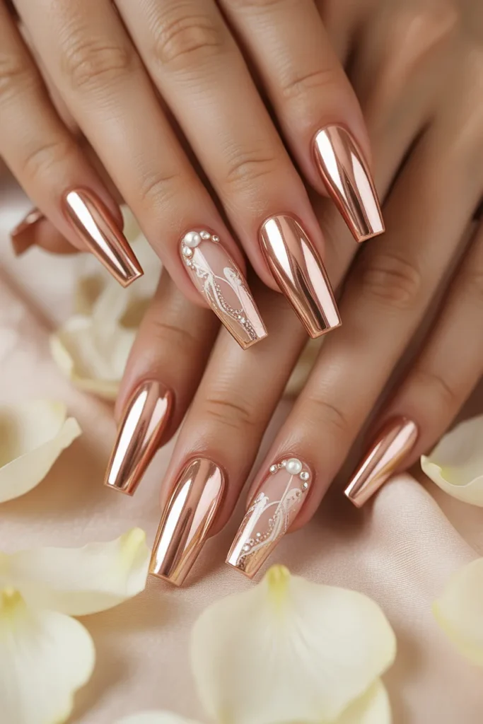 Rose gold metallic nails, coffin shape