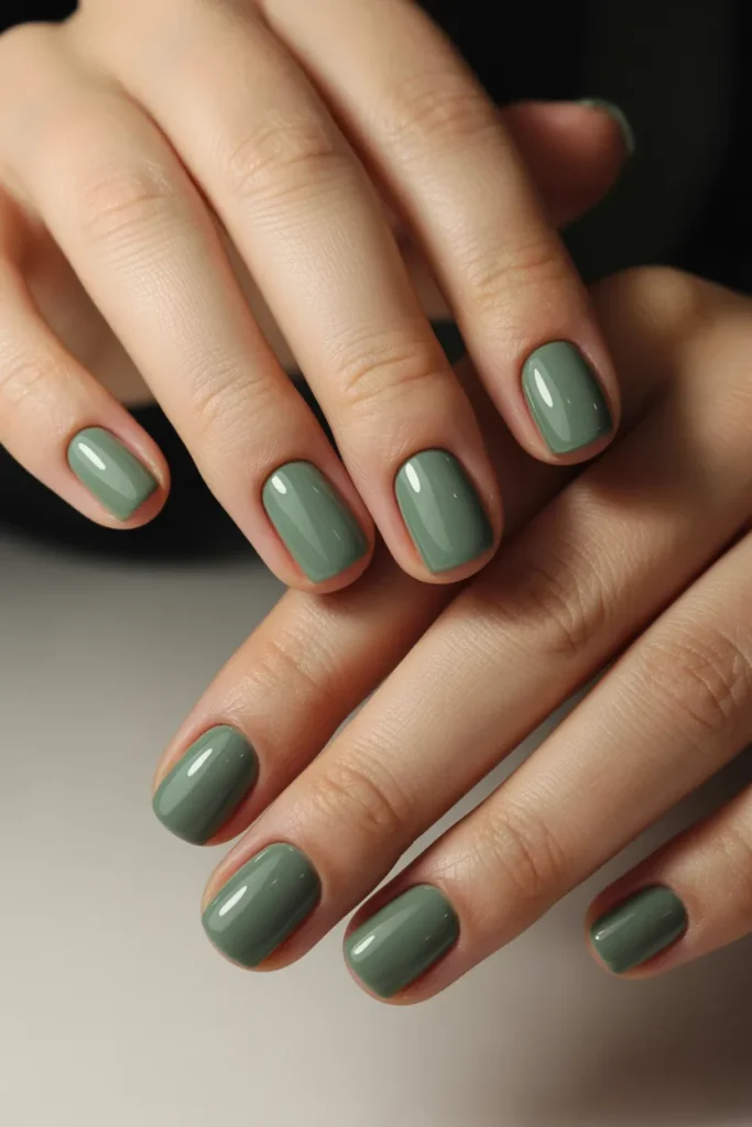Sage green short square nails with matte finish