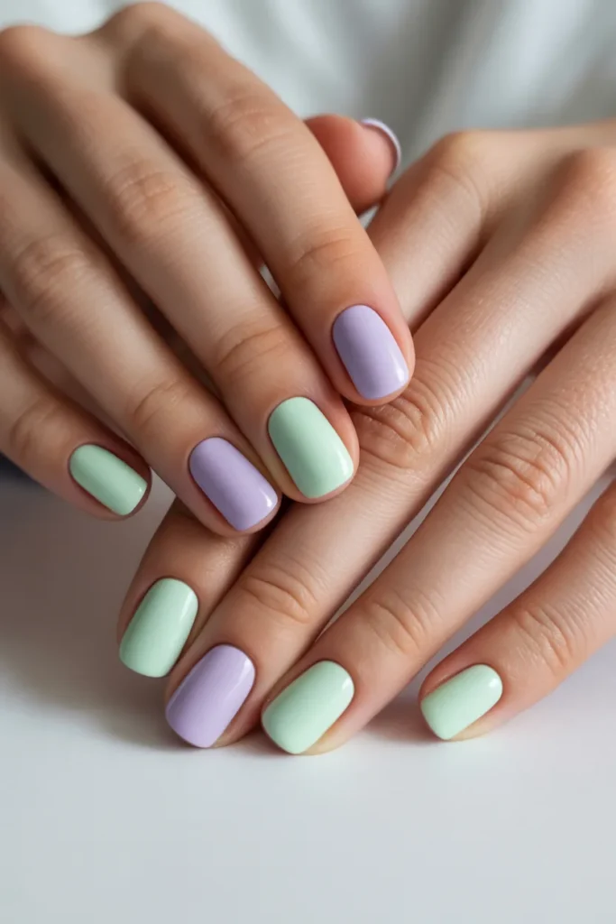Short nails in matte pastel colors like lavender and mint
