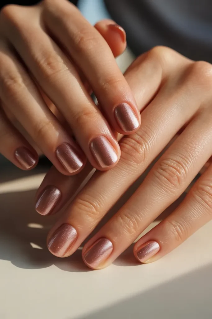 Short nails painted in metallic rose gold