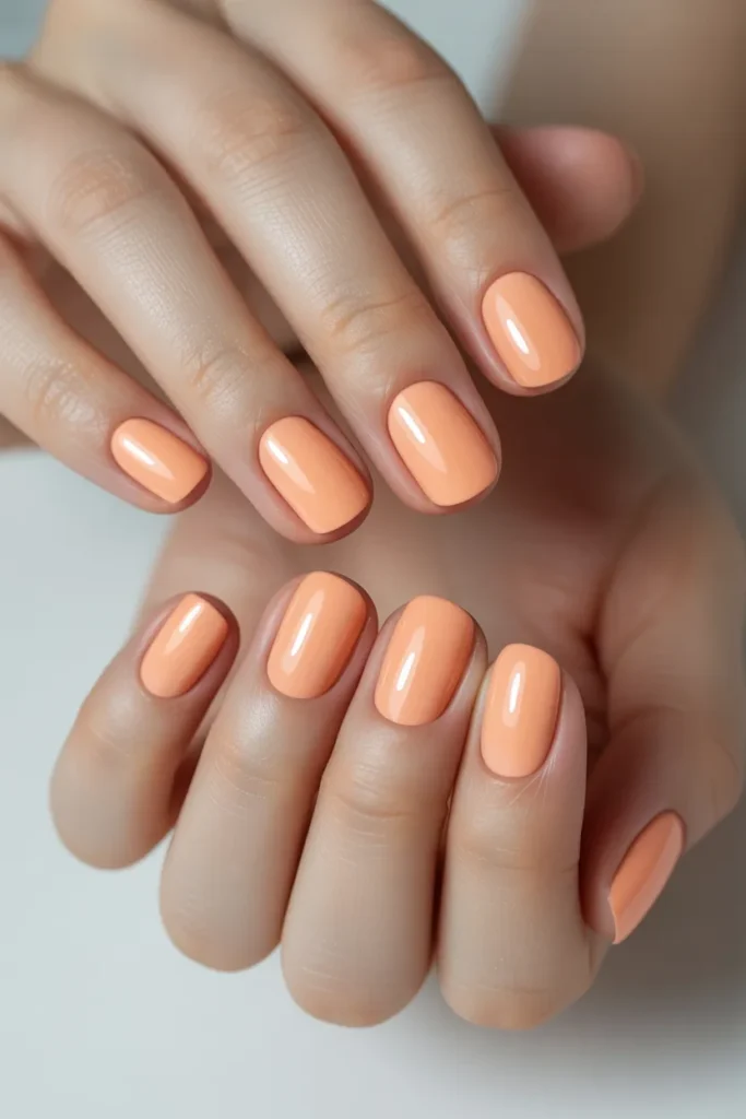 Short nails painted in soft peach nude with glossy shine