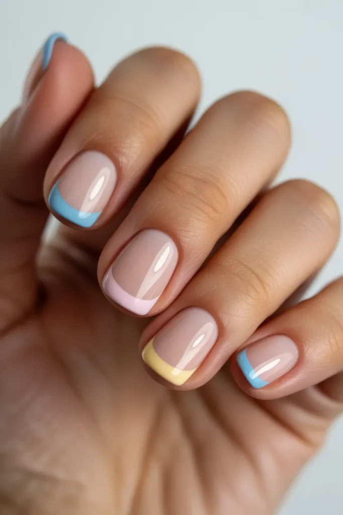 Short nails with nude base and pastel-colored French tips in blue, pink, and yellow