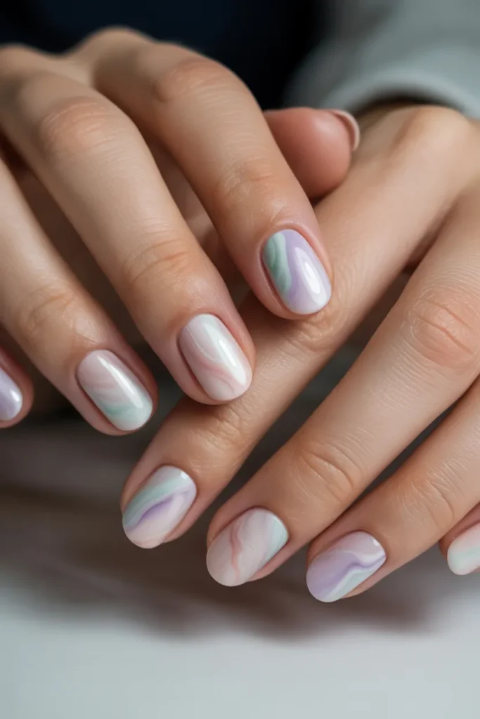 Short nails with soft pastel marble patterns