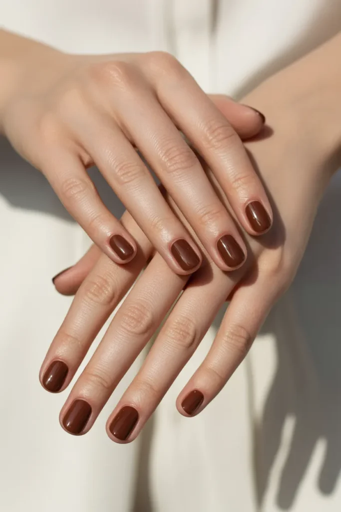 Short natural nails painted in chocolate brown