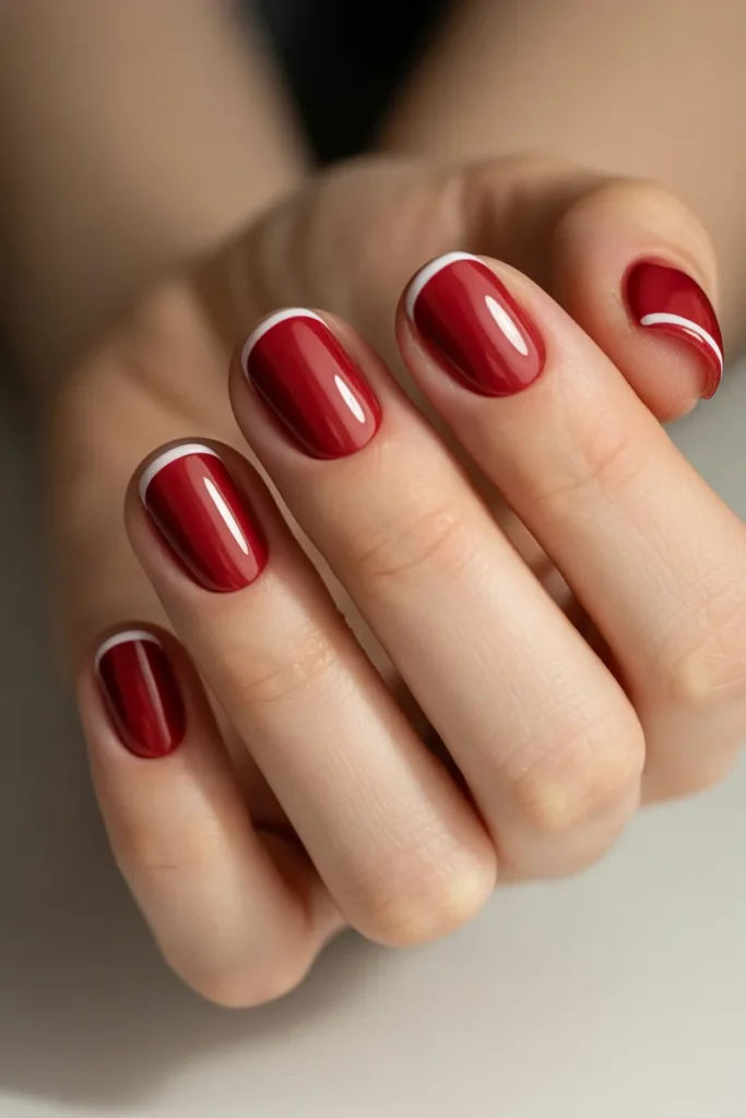 Short red nails with simple white accents