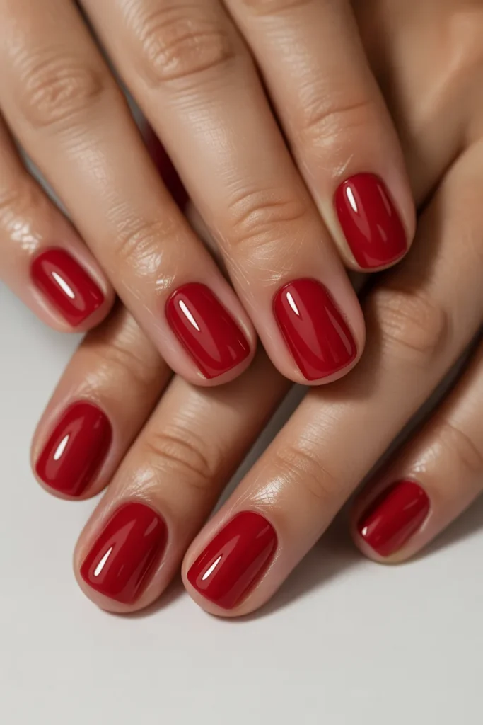 Short square nails in bold glossy red