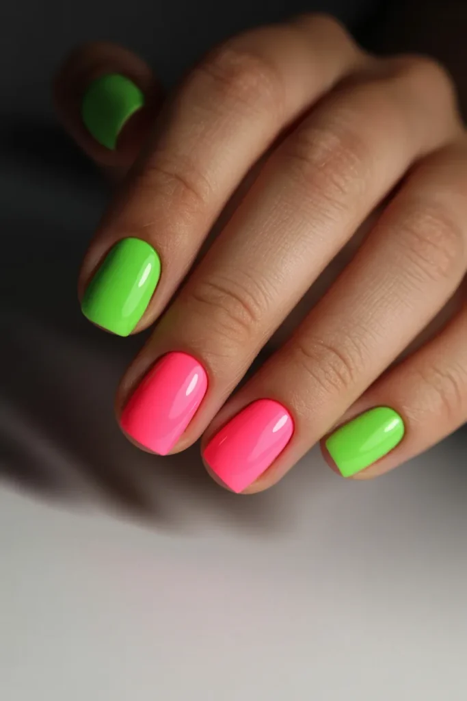 Short square nails in bright neon colors like lime green and hot pink