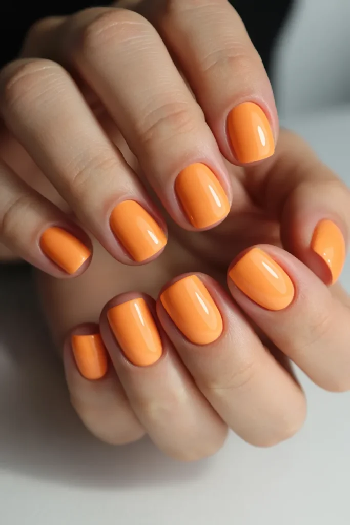 Short square nails in glossy peach-orange shade